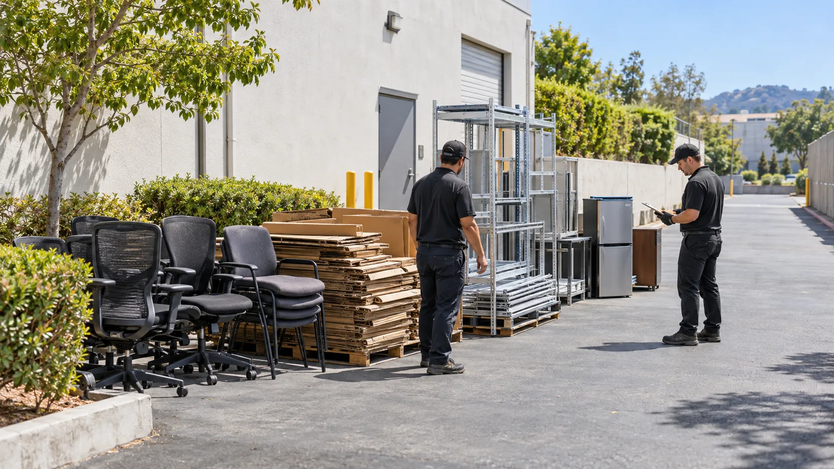Office chairs, cardboard, metal shelving, and an appliance staged in separate pickup groups