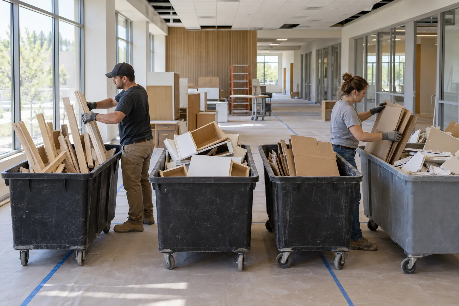 Workers sorting lumber, cabinetry, cardboard, and drywall pieces into rolling bins