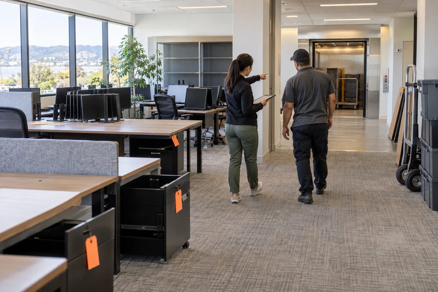 Office furniture tagged for removal beside a clear route to an elevator