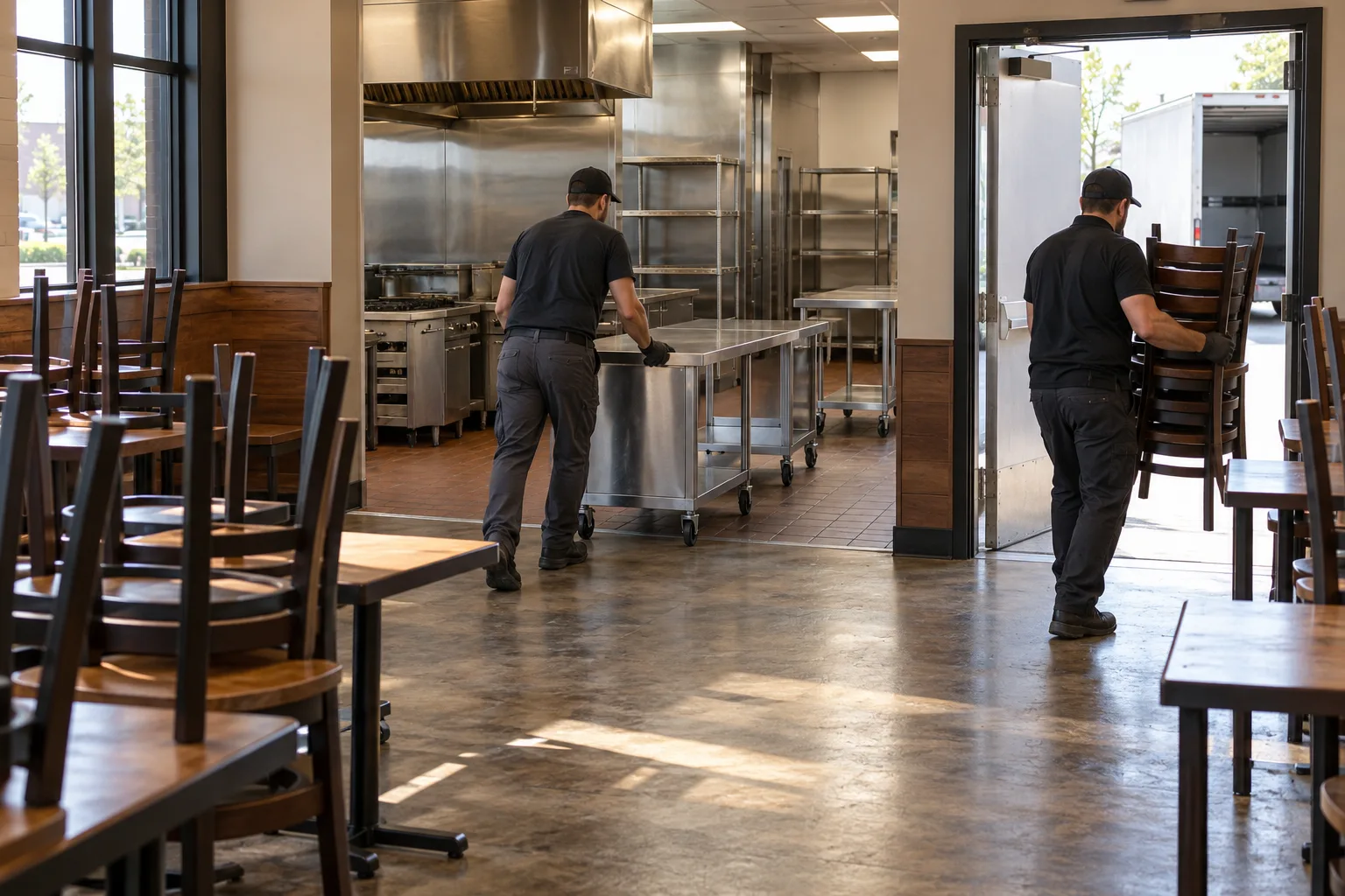 Restaurant tables and disconnected stainless prep equipment moving toward a service door