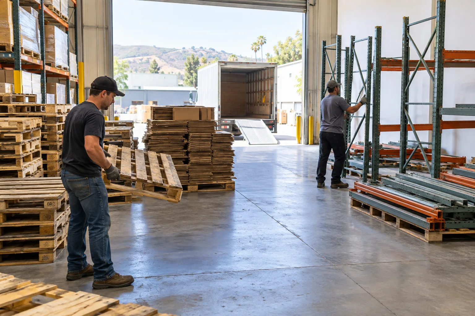 Warehouse pallets, cardboard, and shelving organized beside a loading dock